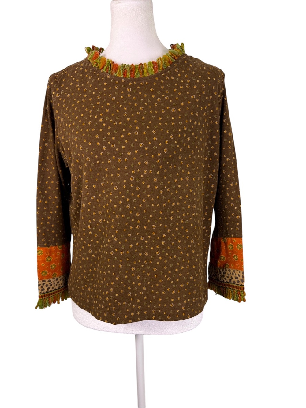 F.L. Malik Boho Mixed Print Fringe Trim Top Brown Orange Green M - Picture 2 of 10